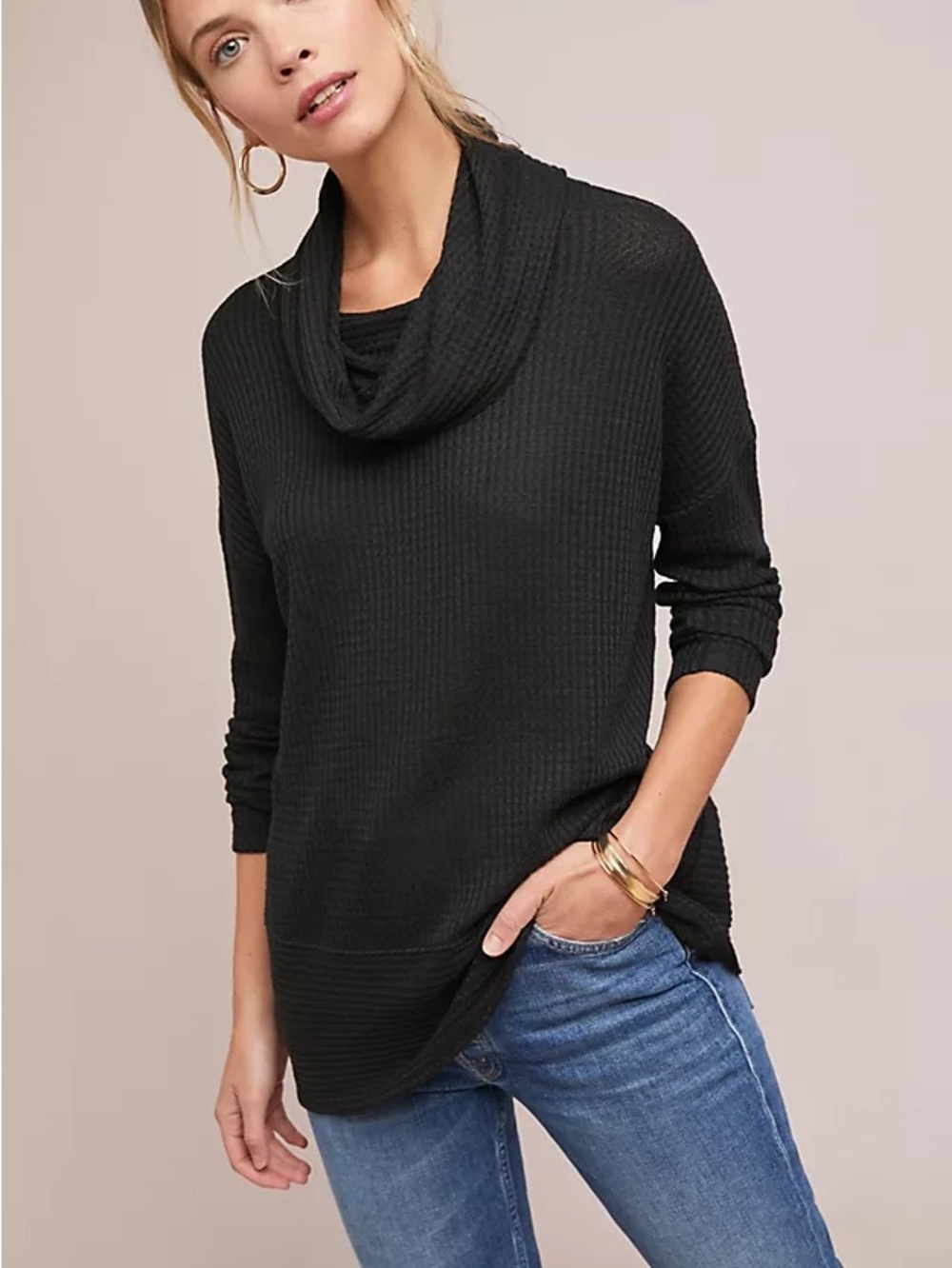 Anthropologie Black Ribbed Cowl-Neck Sweater
